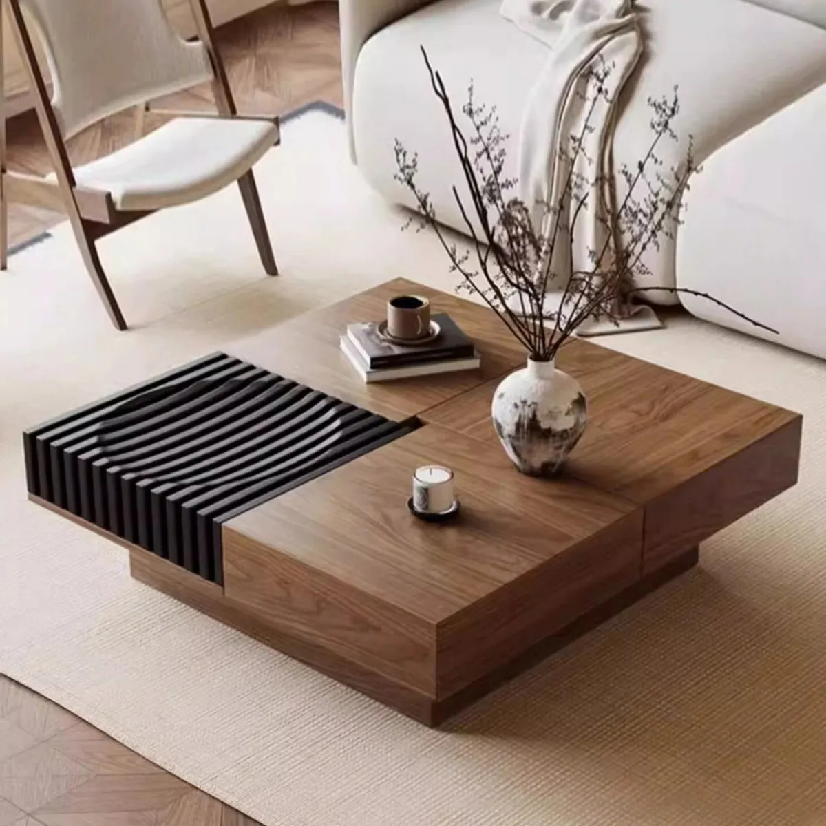 

North American black walnut solid wood coffee table, living room, storage, square, size apartment, household, coffee table