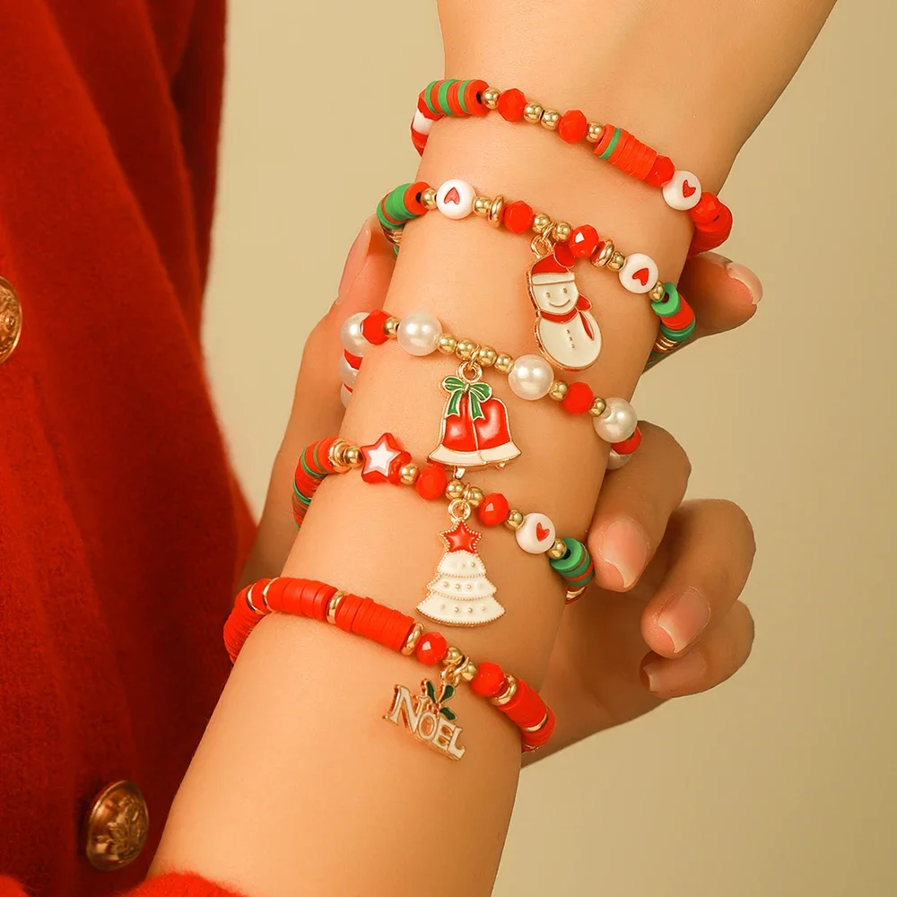 Trendy New In Christmas Jewelry Set Holiday Bracelet Snow Man Santa Claus Polymer Clay Bracelet Set Gift Jewelry for Women