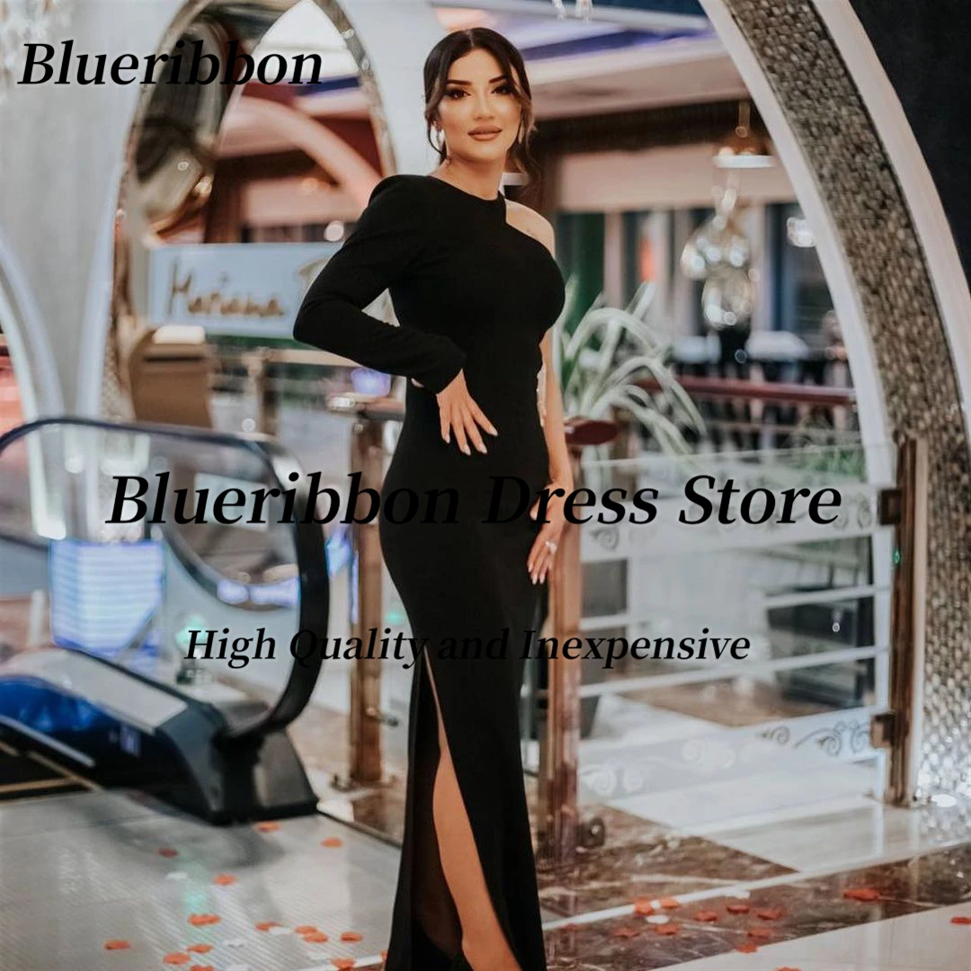 Blueribbon Celebrity Women Wear Black Prom Dresses Tassels Cutaway Side Slit Evening Dress Long Sleeve Birthday Party Gowns