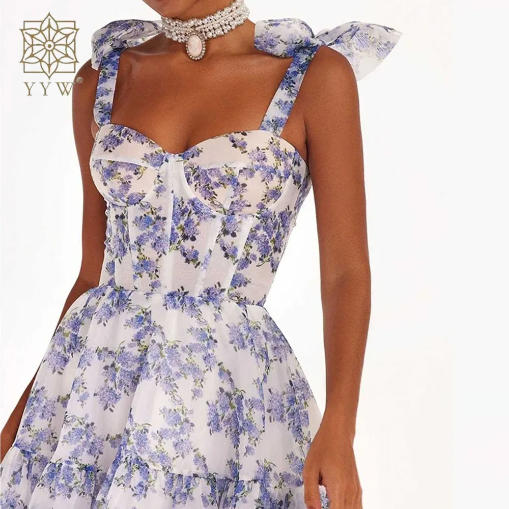 2024 Fashion Printed Suspender Dress Sexy Backless Sleeveless Elegant Long Dresses Blue High Waist Loose Formal Evening Dresses