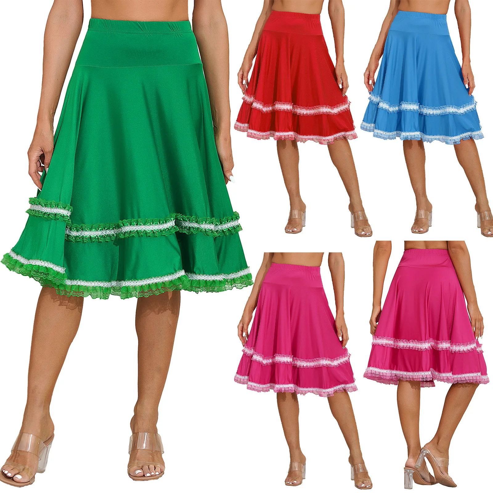 Womens Lace Frilly Flamenco Dance Skirts High Waist Elastic Flared Midi Skirts Ballroom Rumba Dance Stage Performance Costume