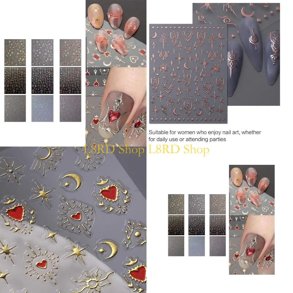 L8RD 9 Sheets Sun Star Moon Heart Stickers Bronzing Nails Art Stickers 3D Decals Nails Art Decorations for Women
