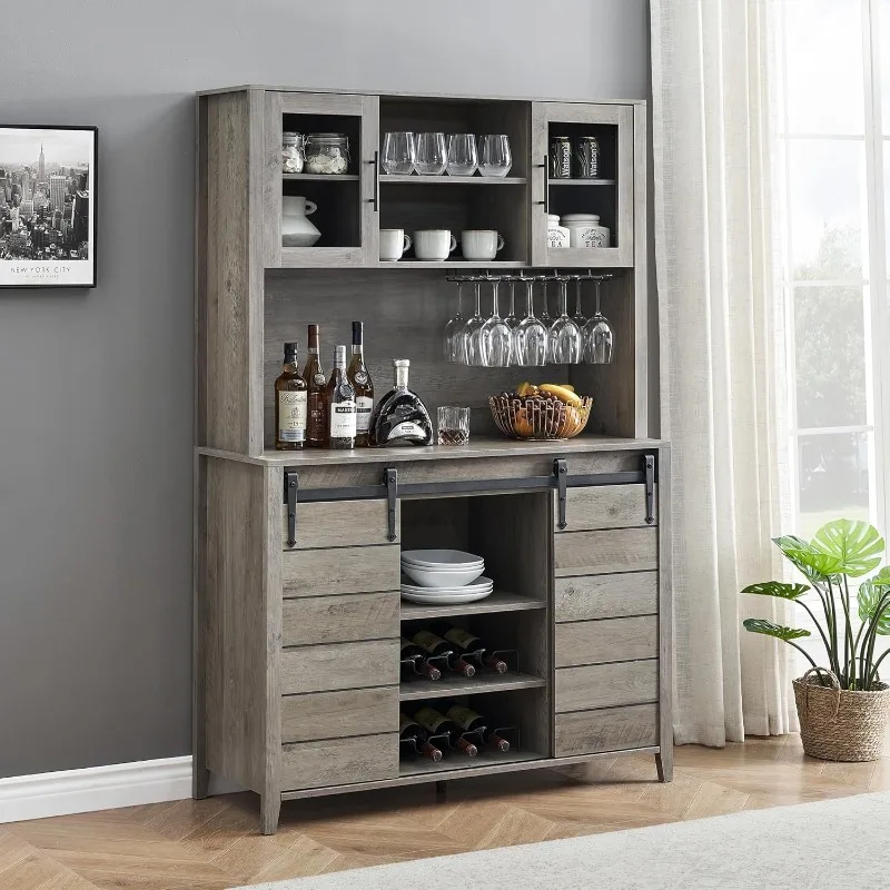 

Farmhouse Coffee Bar Cabinet with Sliding Barn Doors 70'' Kitchen Hutch Cabinet with Storage Wine&Glasses Rack Grey