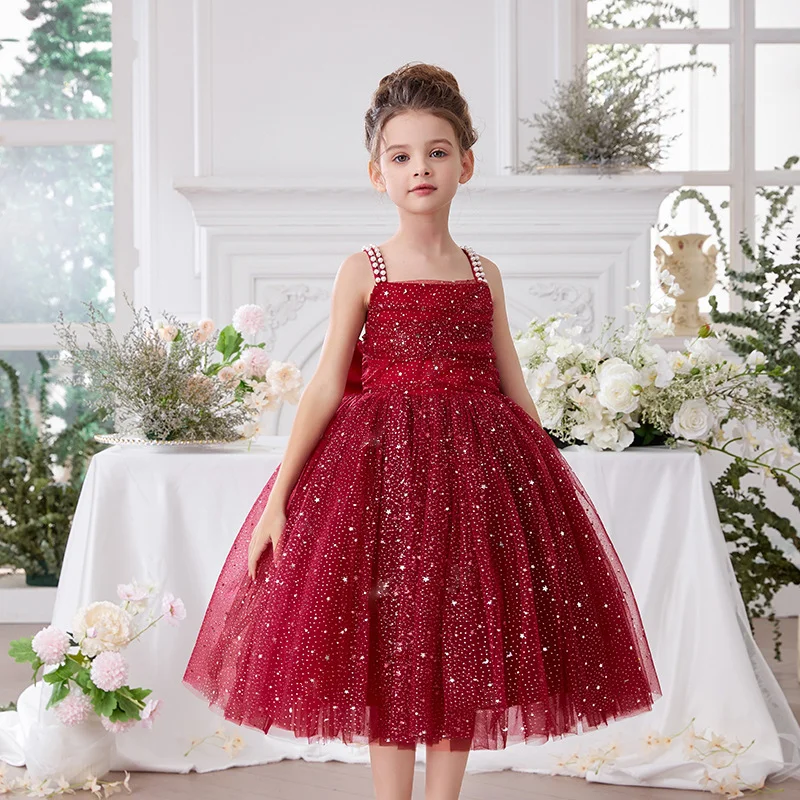 Summer New Girls' Pearl Suspender Princess Dress Sequin Wedding Dress Fluffy Skirt Little Girl Host Performance Outfit