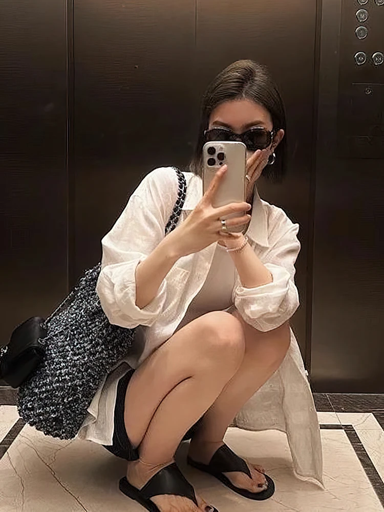 長袖コットンリネンオーバーサイズシャツ女性白ロングシャツ春夏レディビーチカジュアルアウターベーシックトップブラウス