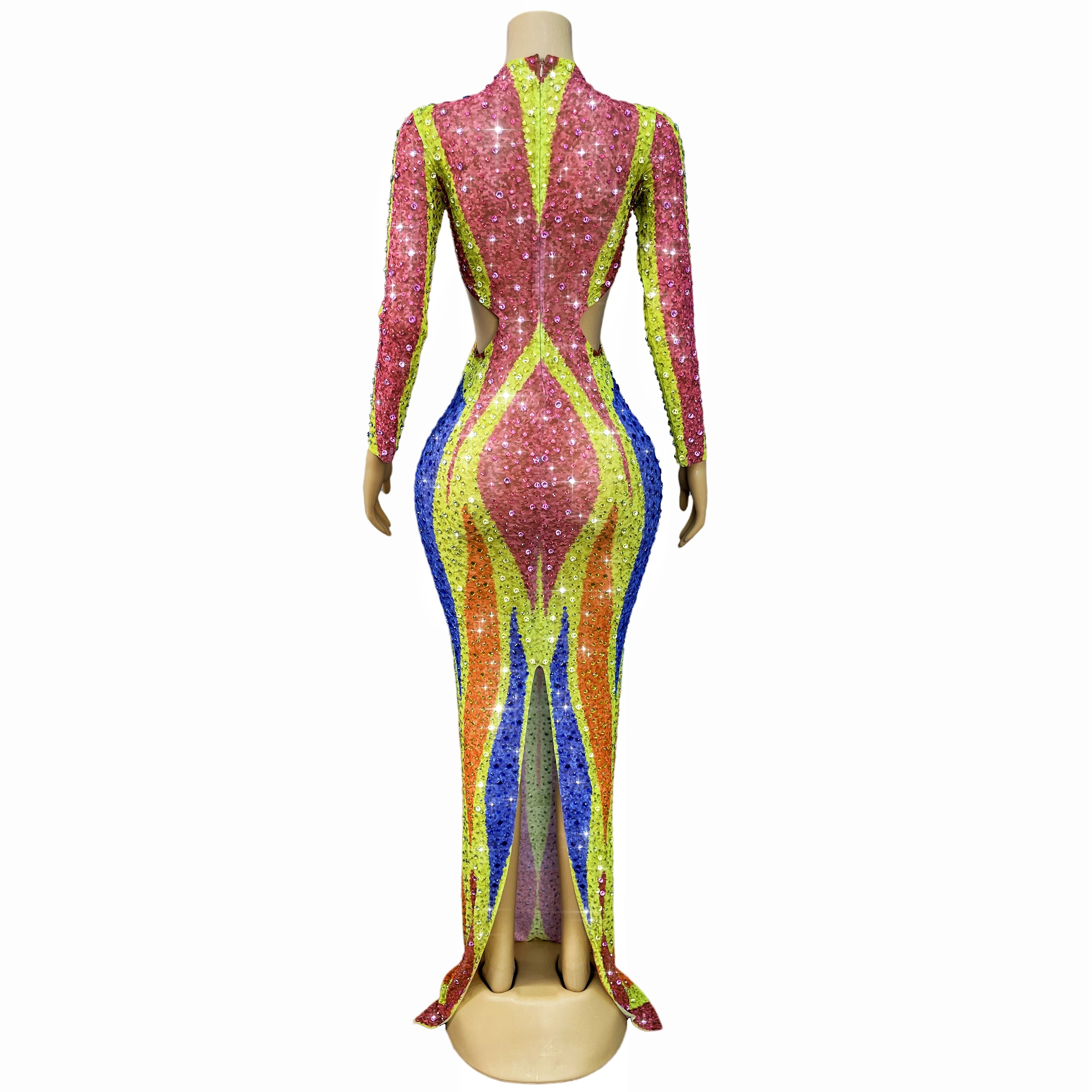 Seksowna sukienka z wycięciami, błyszczącymi cyrkoniami, długie rękawy, podkreślająca figurę, siateczkowa sukienka damska na imprezę, wieczór, czerwony dywan, suknia na pokaz, Liucai