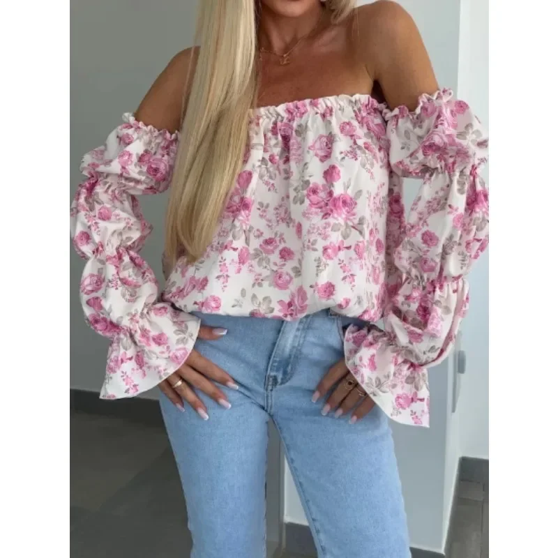 المرأة الجديدة أزياء معطلة الكتف طوق الأزهار المطبوعة قميص بلوزة السيدات الخصر جمع طويلة الأكمام مقنعين قميص