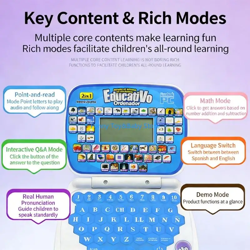 Dispositivo apprendimento bilingue spagnolo inglese per bambini con tasti interattivi colorati Giocattolo educativo portatile