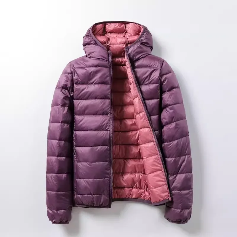 

Two-Sided Autumn Winter Warm Hooded Down Coat Women Light Thin White Duck Down Jacket Female Bigsize Puffer Parkas Short Outwear