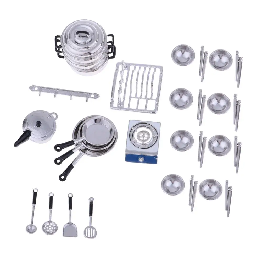 1/12 Miniaturowe akcesoria kuchenne do domku dla lalek, metalowe naczynia kuchenne, zestaw modeli naczyń do gotowania