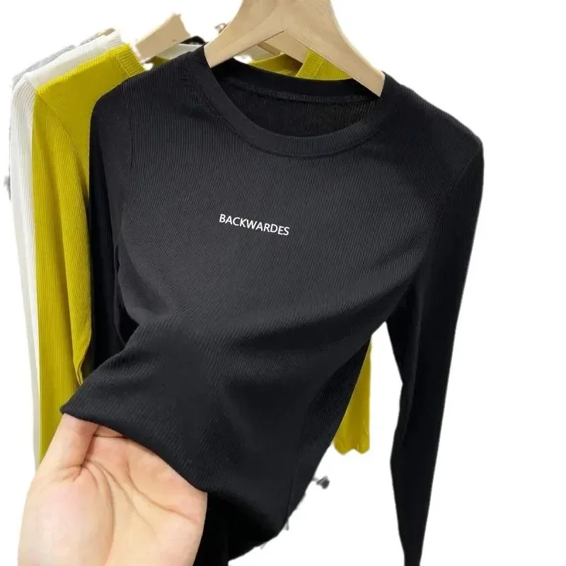 عادية بسيطة نموذج جديد ربيع الخريف سليم تي شيرت مجسم المرأة حجم كبير طبقة القاعدة الداخلية طويلة الأكمام طاقم الرقبة طباعة أنيقة