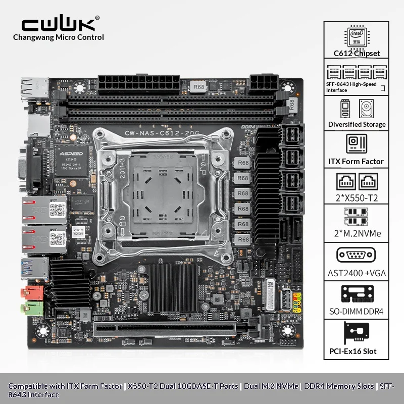C612 LGA 2011-3 Xeon X99 Motherboard Support DDR4 Memory NAS dual 10GB Ethernet M.2 NVME VGA SFF-8643 Expandable storage ITX