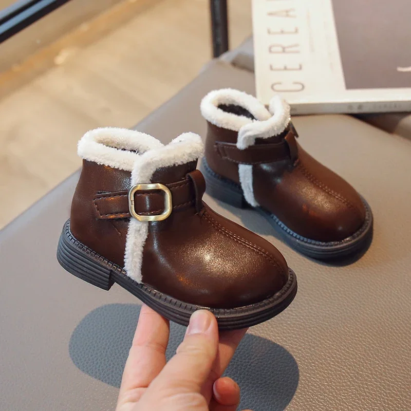 Fashion Kids Casual Boots Plush Spring and Autumn New Buckle Children Leather Boots for Boys Drop Shipping Girls Short Boots PU