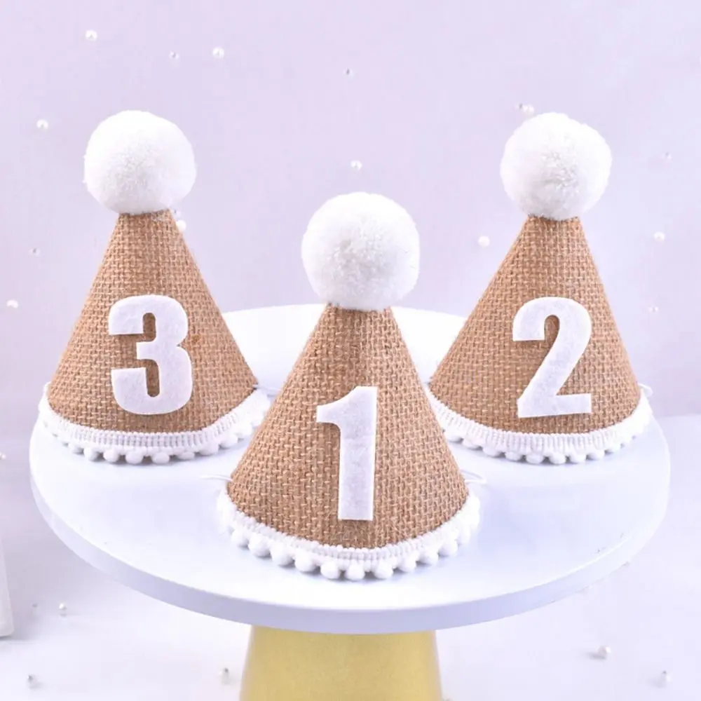 5pcs Creative 1 2 3 Year Burlap Birthday Hat Festival Handmade Cone Hats Cute Linen Baby Hat Birthday Party Supplies