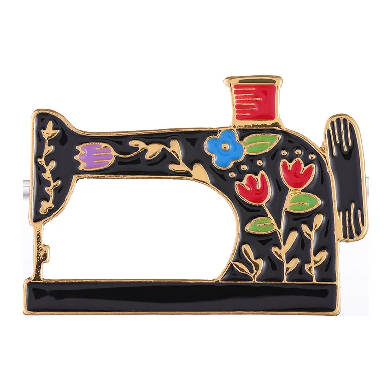 Creative Retro Flower Sewing Machine Enamel Brooch Black Fashion Pin Tailor Alloy Metal Lapel Badge Jewelry Gift for Friends