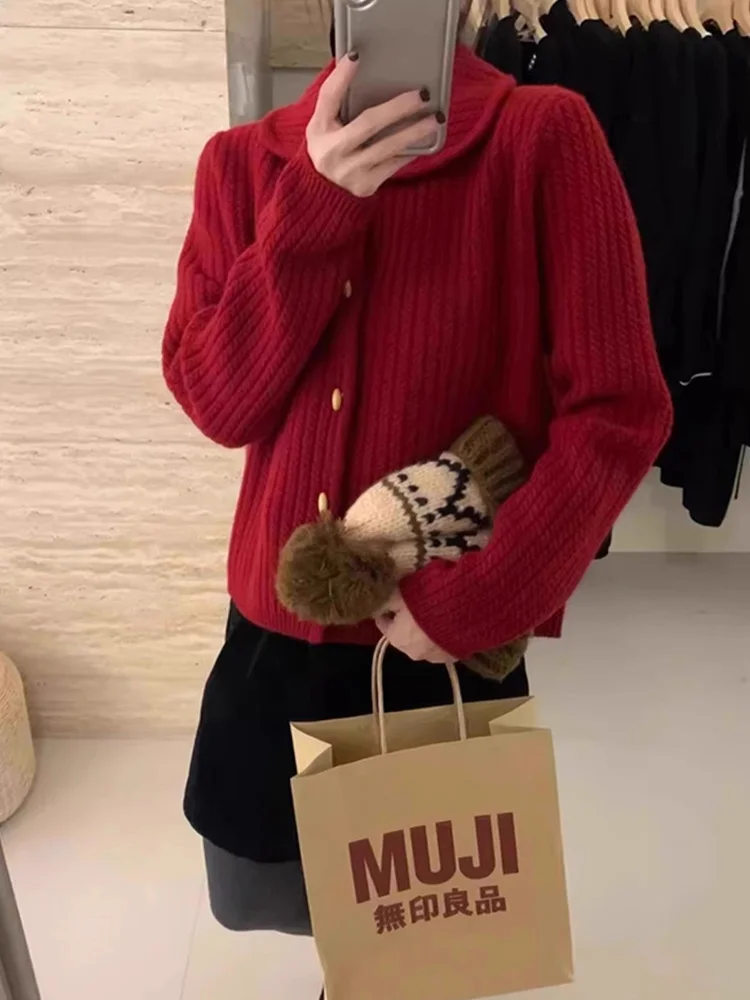 

Faionable Thiened Woolen Knitted Sweater Women's Soft Collared Cardigan Sli Winter Top for New Year's Outfit