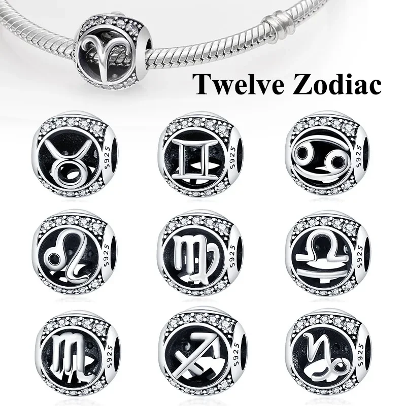 

S925 Sterling Silver 12 Zodiac Beads Charm Fit Pandora 925 Original Bracelet for Women DIY Pendant Fine Jewelry Gift Hot