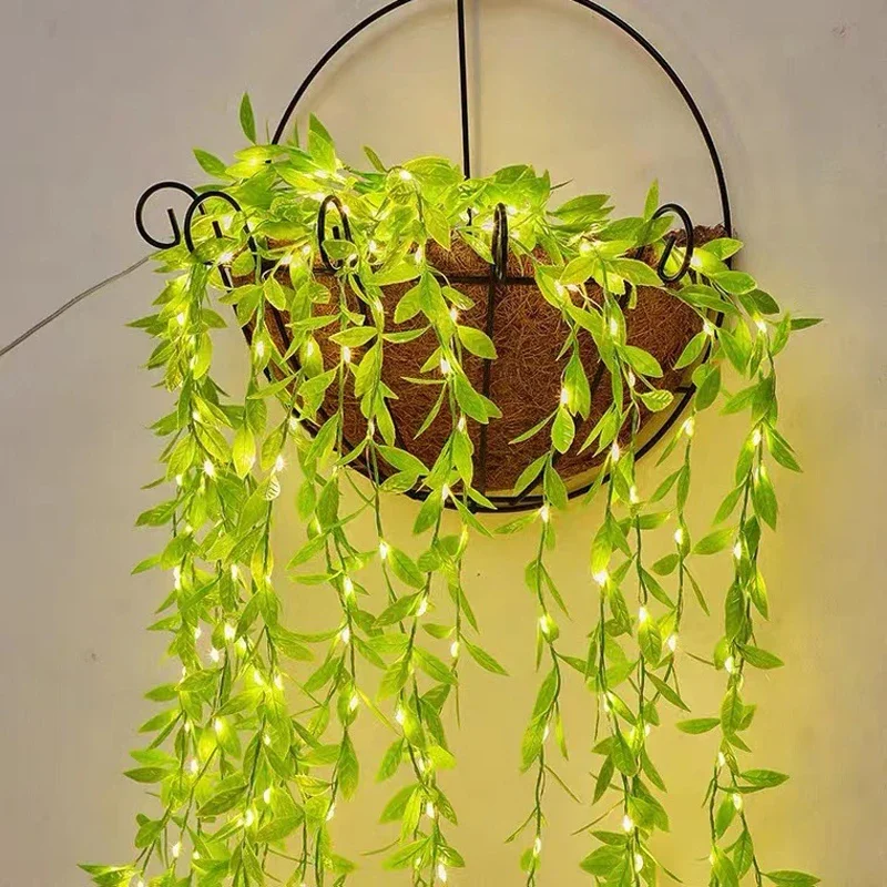 Creative Rattan Ornaments  Copper Wire Artificial Green Leaves String Lights Holiday Gift  DIY Decorations Fall decor Wreath Lei