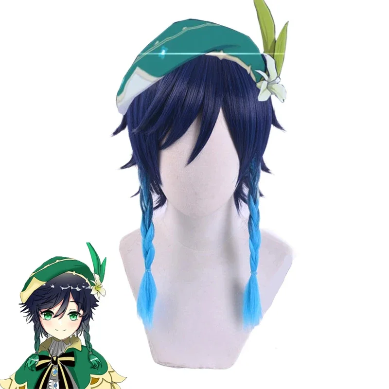 

Genshin Impact Venti Cosplay Wig Heat Resistant Synthetic Gradient Blue Short Braided Hair Halloween Party Dress Up Prop