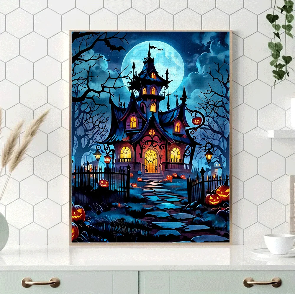 Puzzle na Halloween dla dorosłych - 1000 elementów, straszny dwór z dyniami, nietoperzami i sceną pełnego księżyca - wieczór gier rodzinnych