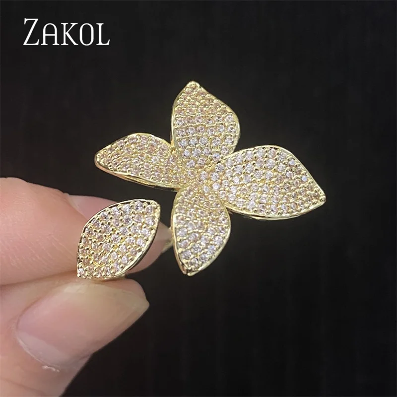 ZAKOL Trendy Micro Pave Cubic Zirconia Flower Open Rings for Women Personality Party Jewelry 2023 New