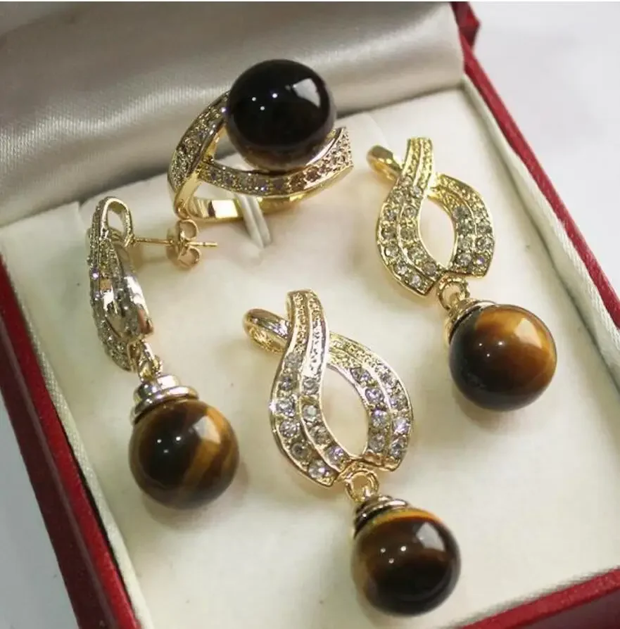 

Hot! beautiful new jewelry FINE + 12mm tiger eye stone pendant, earring, , ring set