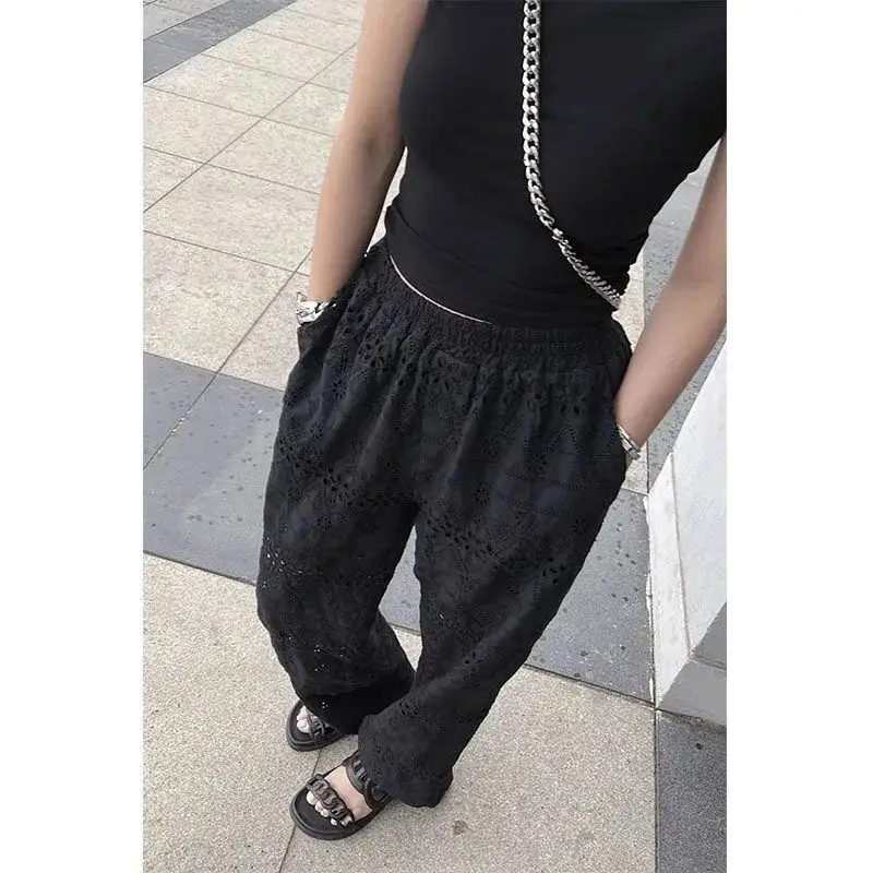 Simplicity Fashion Summer Thin Pants Women's Solid Embroidered Hollow Out Korean Casual Loose Nine Points Wide Leg Trousers