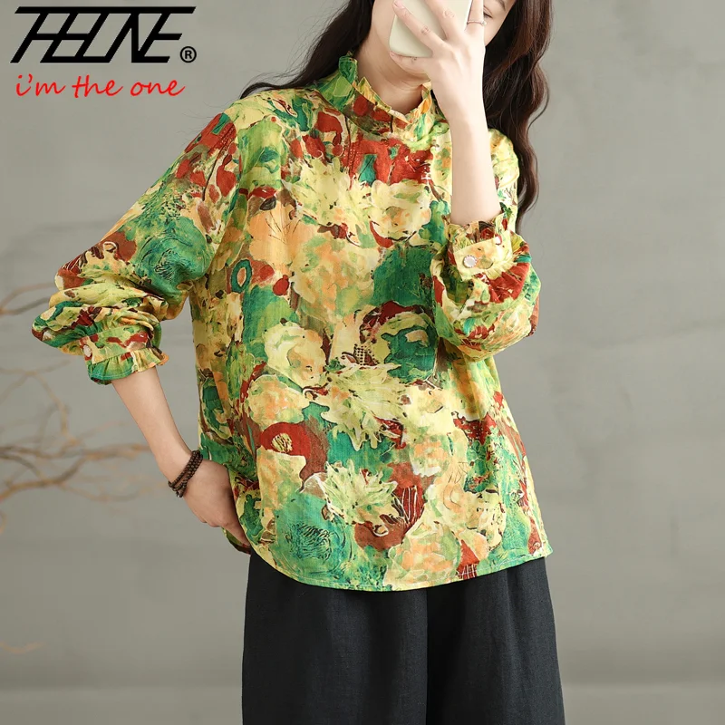 

THHONE Spring Summer Women Blouse Print Long Sleeve Lace Collar Korean Cotton Linen Vintage Casual Women's Clothing Oversize