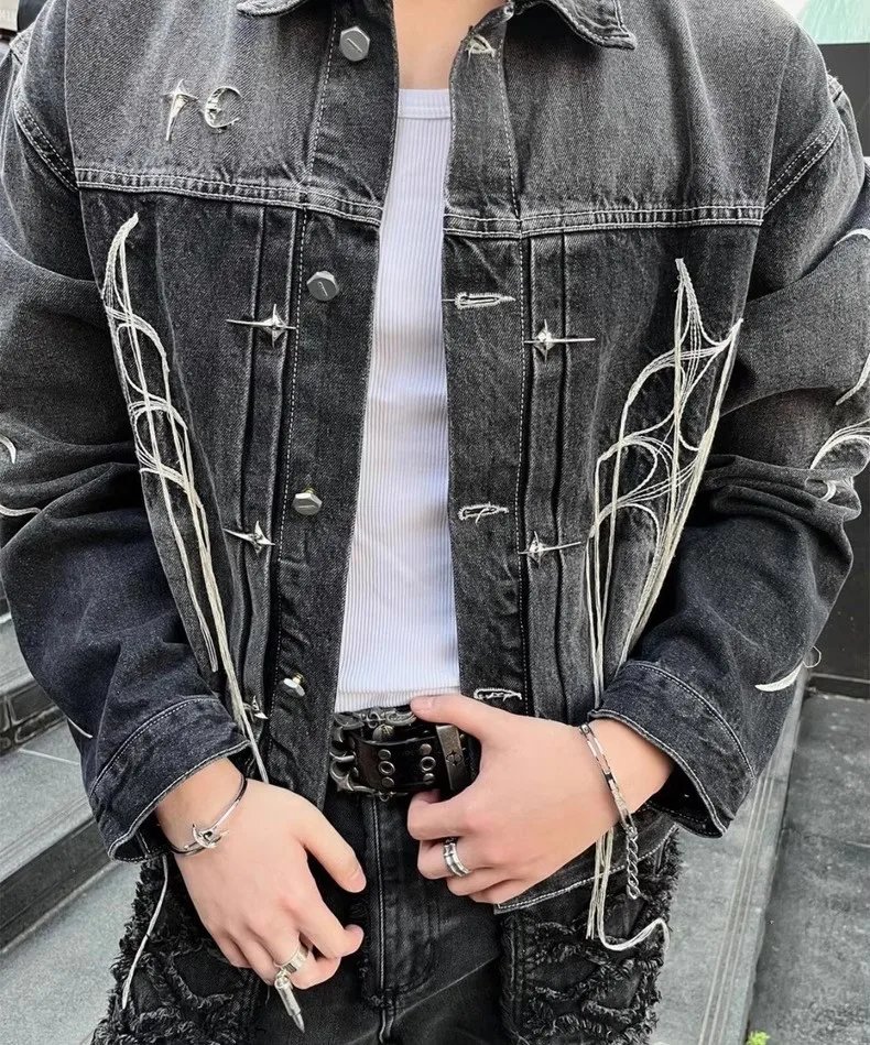 2024 Thug Club Vintage Tassel Washed denim jacket metal accessories 3D jacket WY944