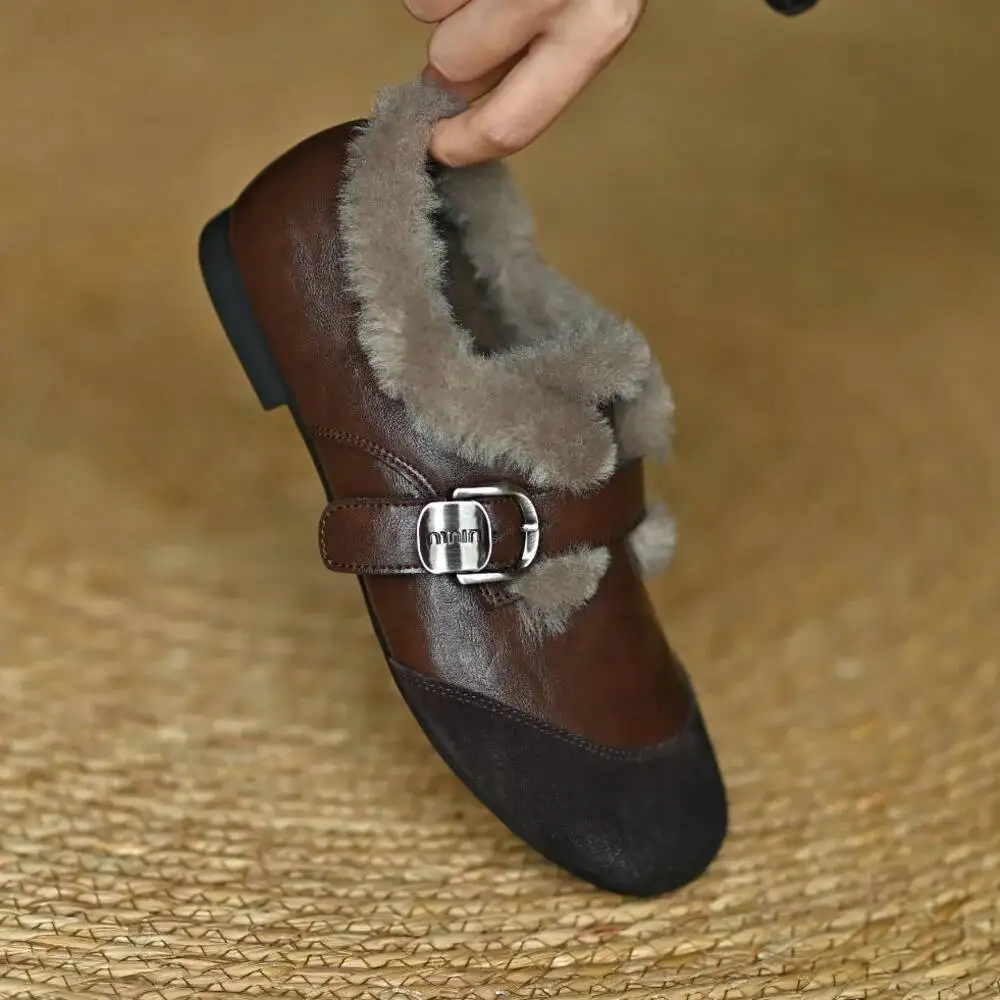 Fur Women's Loafers Leather Suede Patchwork Genuine Leather Cross Belt Buckle Female Shoes Round Toe Brown Flats Phoentin view 6