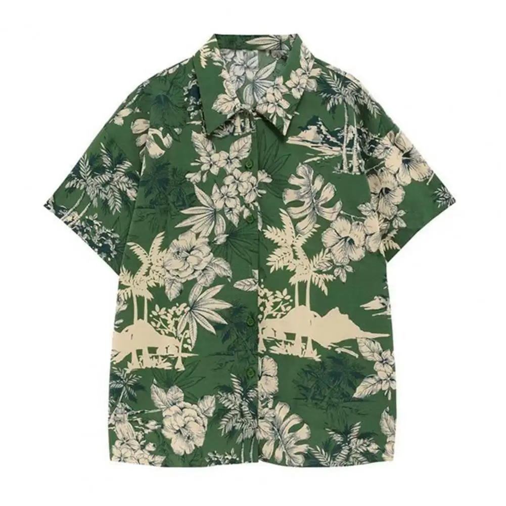 Camisa de praia de manga curta masculina, estampada em coco, camisa havaiana casual, bolso com folhas florais, verão masculino