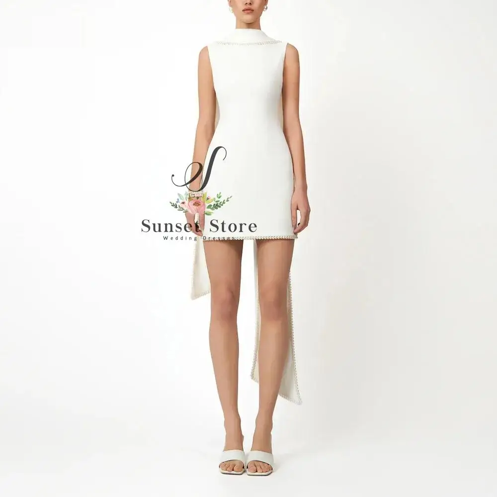 

Customized Ivory Short Knee-Length Crepe Evening Dress Halter Prom Dress with Pearls Sleeveless 2025 Mermaid Party Dress