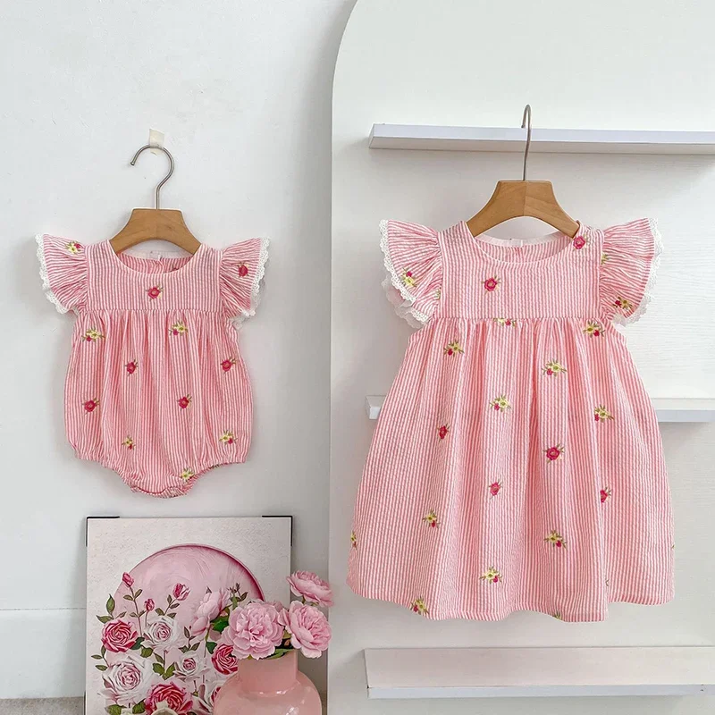 2026 New Summer Kids Princess Dresses 2-6Yrs Baby Girl Party Dress Flying Sleeve Cotton Embroidery Baby Romper Sister Clothing