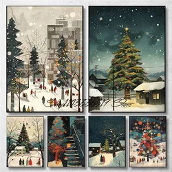 Vintage Christmas Life Scene Christmas Tree Snow Landscape Art Poster Canvas Painting Wall Prints Picture for Room Home Decor
