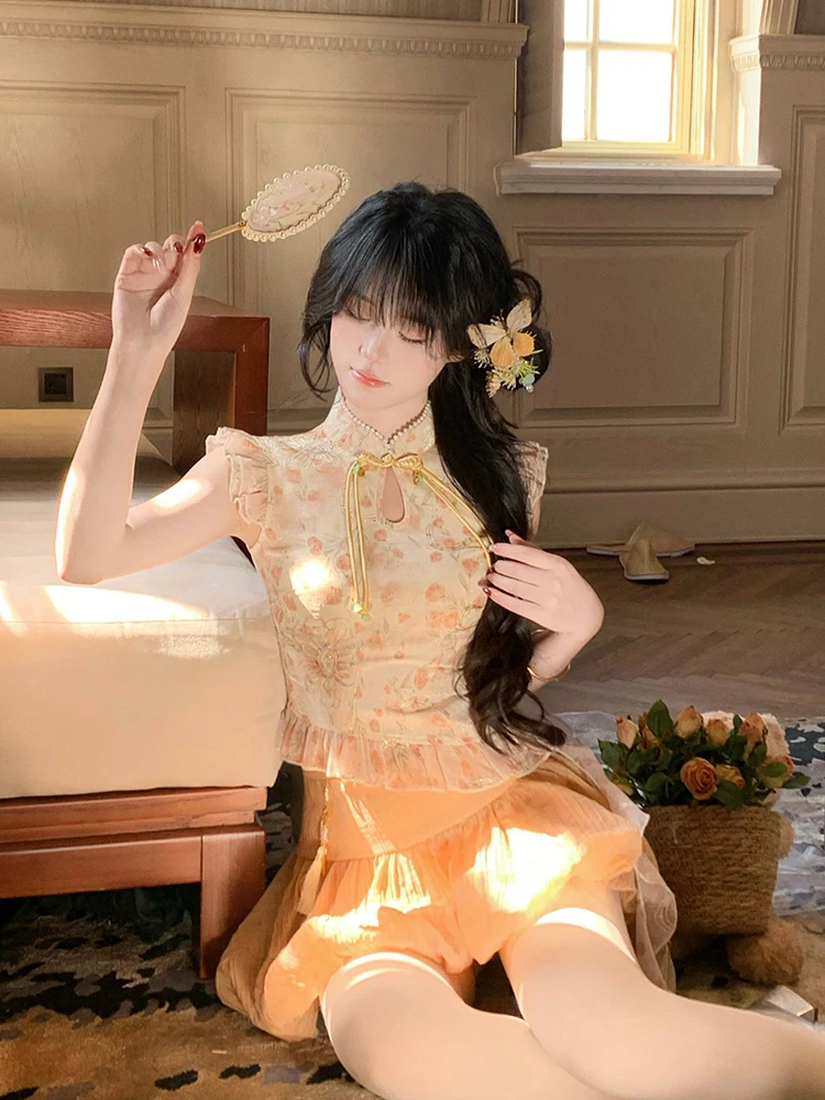 Sweet Floral Print Half Skirt Set with Flying Sleeves for Young Girls Summer New Style Chinese Modified Traditional Clothing