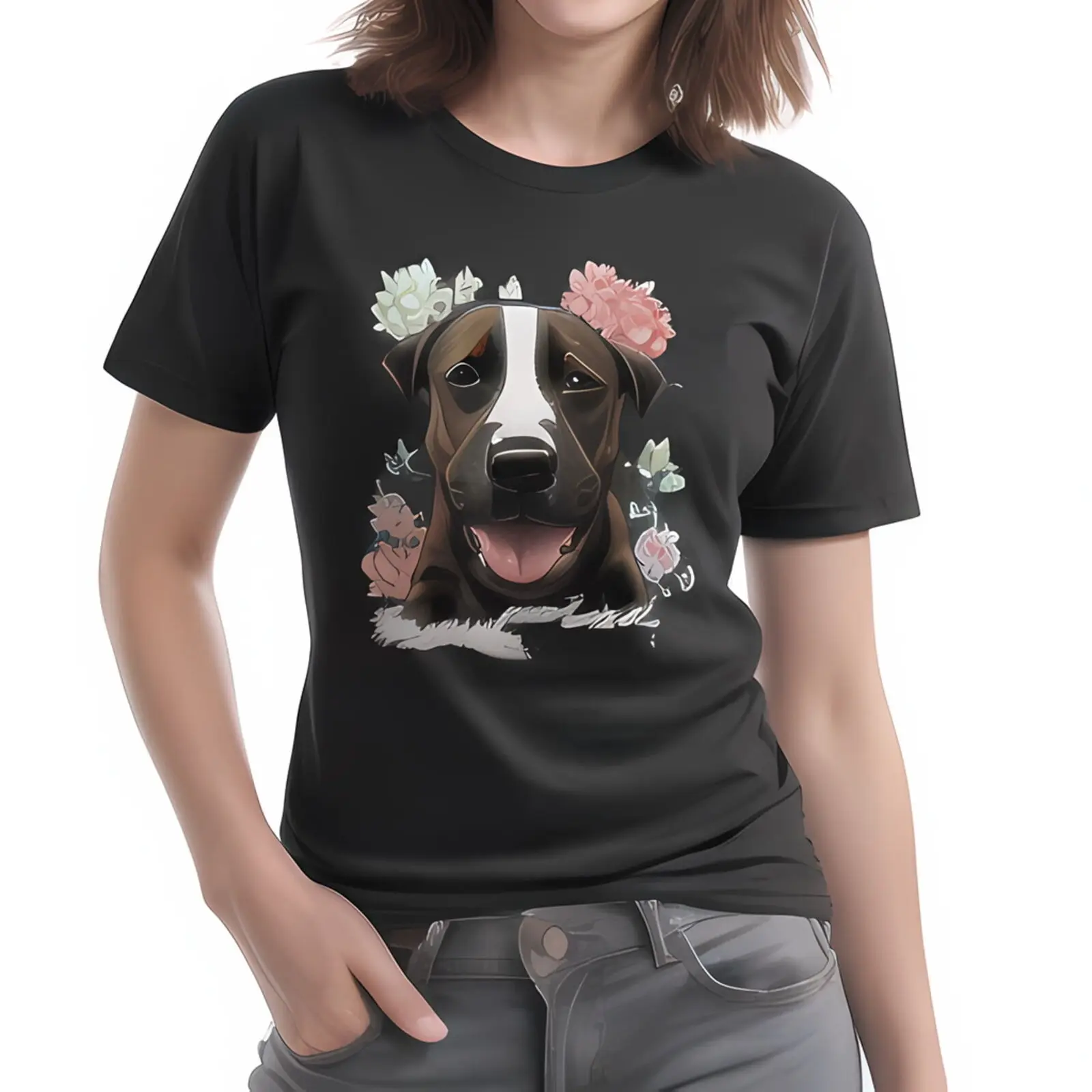 Adorable with Flower Crown Graphic Black T-Shirt Cute Black Background Happy