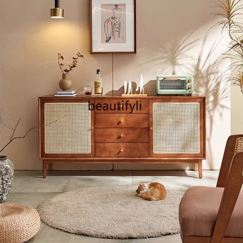 

Nordic Rattan Sideboard Cabinet Solid Wood Kitchen Storage Japanese-Style Living Room Entrance Storage Cabinet