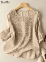 ZANZEA Elegant Women Embroidered Blouses Autumn 2024 3/4 Puff Sleeve Transparent Blusas Mujer Casual Vintage Cotton Shirts Tops - Image 3