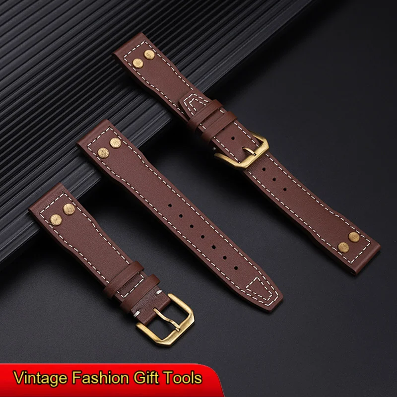 20mm 21mm 22mm High Quality Genuine Leather Bronze rivet Watchband Fit for IWC Bronze Big Pilot’s Mark 18 Spitfire Watch Strap