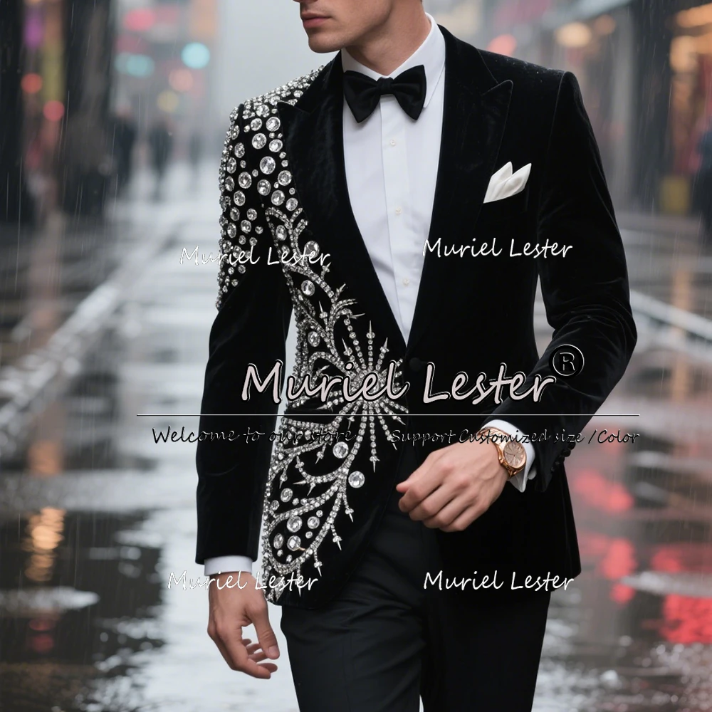 

Brilliant Beaded Stones Wedding Suits For Men 2 Pieces Sets Velvet Prom Blazers Customized Man Party Blazers Ternos Completo