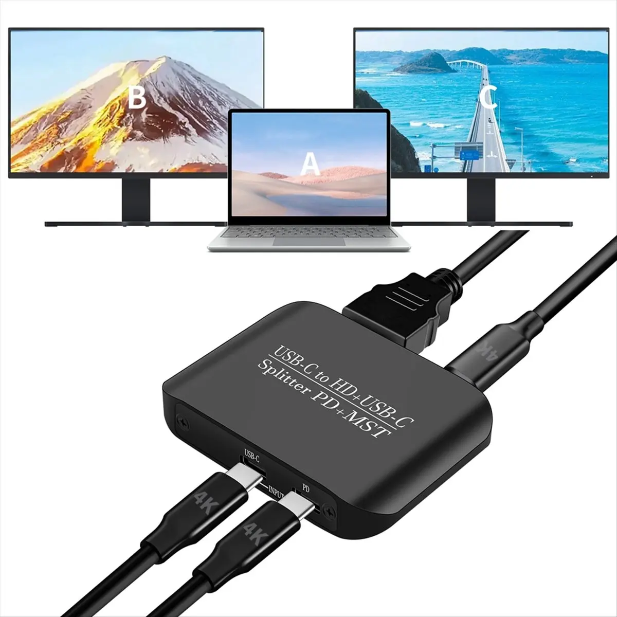 USB C to HD + USB C Splitter 4K 60HZ Type C to -Compatible Splitter 2 in 2 Out Converter for Dual Monitor MST/PD