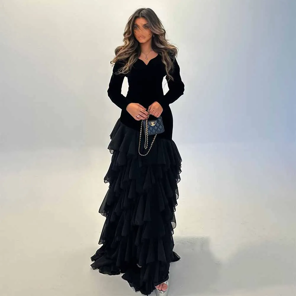 

Formal Dresses for Special Events Chiffon A-line Celebrity Dress Black Jersey V-neck Tiered Side Split Evening Dress Long 2025