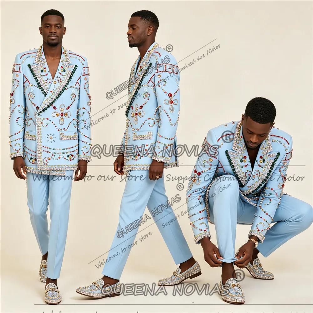 Male Fashion Exquisite Suits Men  Jewelry Stones Double Breasted Prom Blazer Customized 2 Piece Sets Groom Wedding Tuxedos 2026