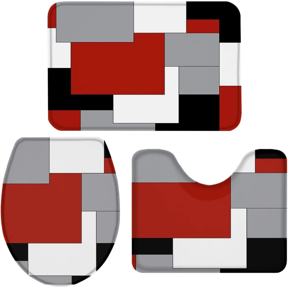 

Набор красных ковриков для ванной комнаты с геометрическим рисунком, комплект из 3 предметов, чехол на сиденье унитаза/коврик для ванной комнаты/коврик для ванной комнаты, черный, красный, серый