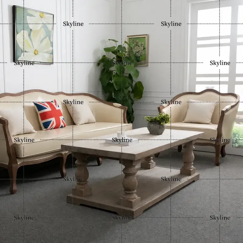 Solid Wood Coffee Table European American French Country Retro Roman Pillar Design for Villa Hotel Living Room Leisure
