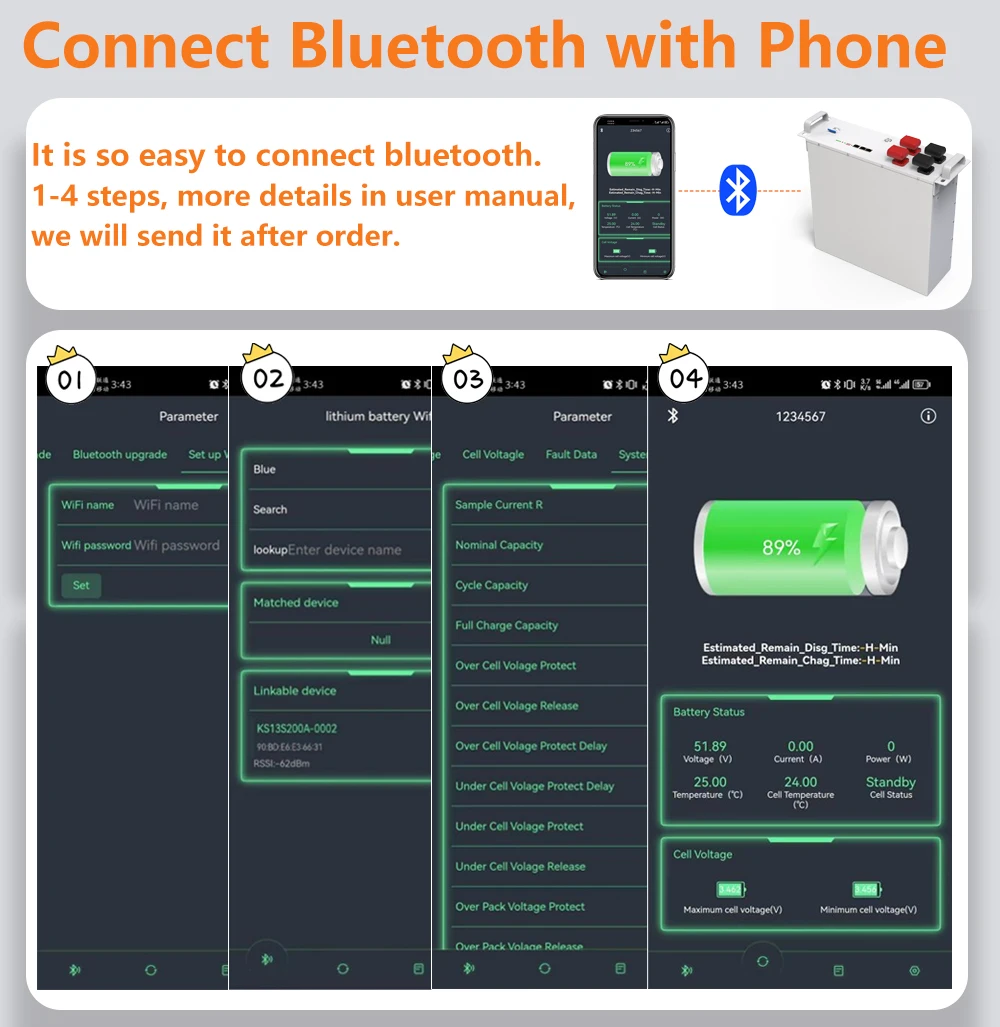 Bluetooth 48V 300Ah LiFePO4 Battery 200Ah 100Ah 6000+ Cycles 16S 200A BMS RS485 CAN Max 32pcs in Parallel Grade A Full Capacity