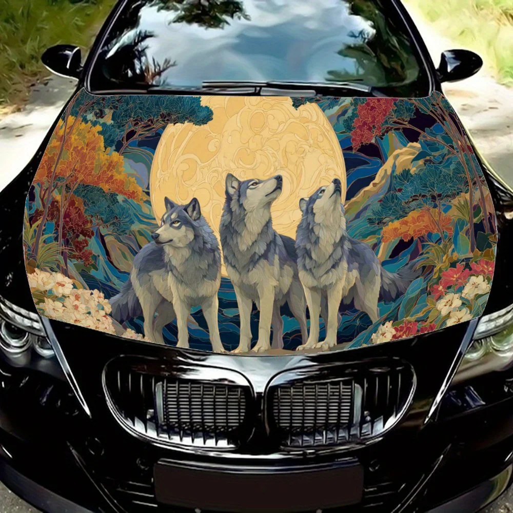 

Винтажные наклейки на автомобильный чехол с деревьями и волками, наклейка из ПВХ с защитой от царапин, самоклеящиеся водонепроницаемые виниловые обертывания на капот автомобиля, G