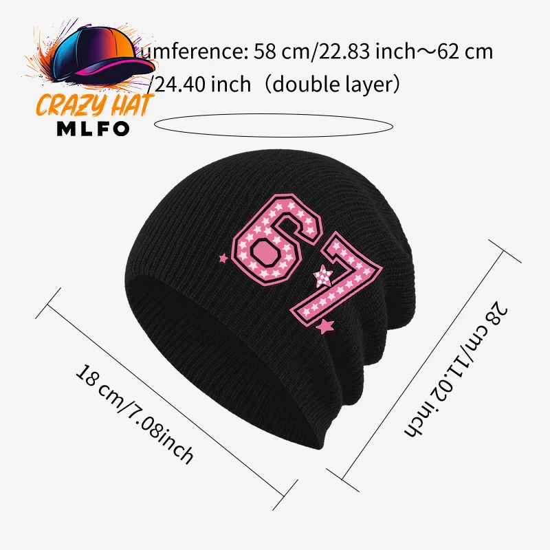 Stylish Adult Slouchy Knit Beanie, Number 67 Star Pattern Print, for Sports Theme Party Birthday Casual Street Gathering
