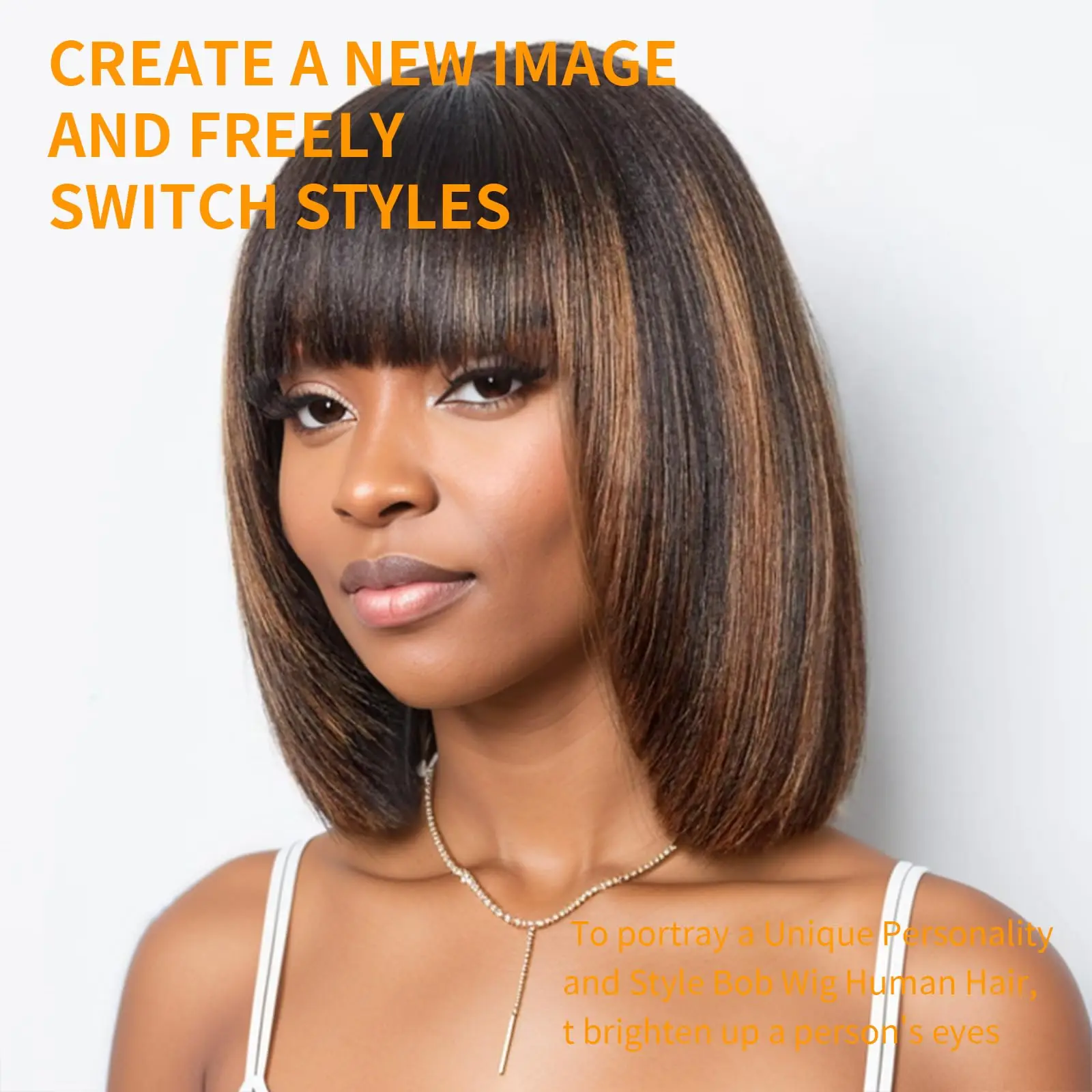 Glueless Brown Straight Short Bob Peruca com Franja, 2x1 Lace Front Perucas, Ombre Cabelo Humano, Destaque Bang