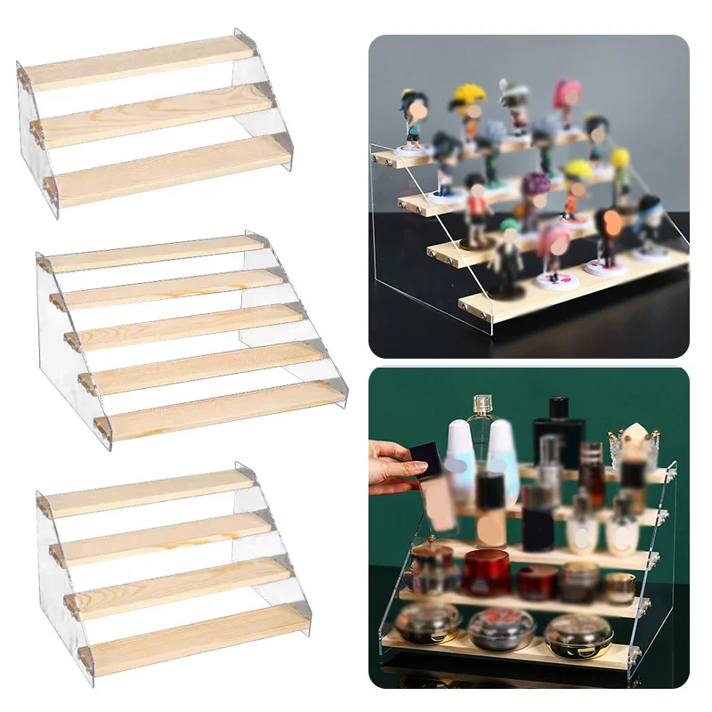 3-5 Layer Acrylic Wood Display Stand Cupcakes Perfume Cosmetic Holder Showcase Organizer Doll Mini Figure Toy Model Storage Rack